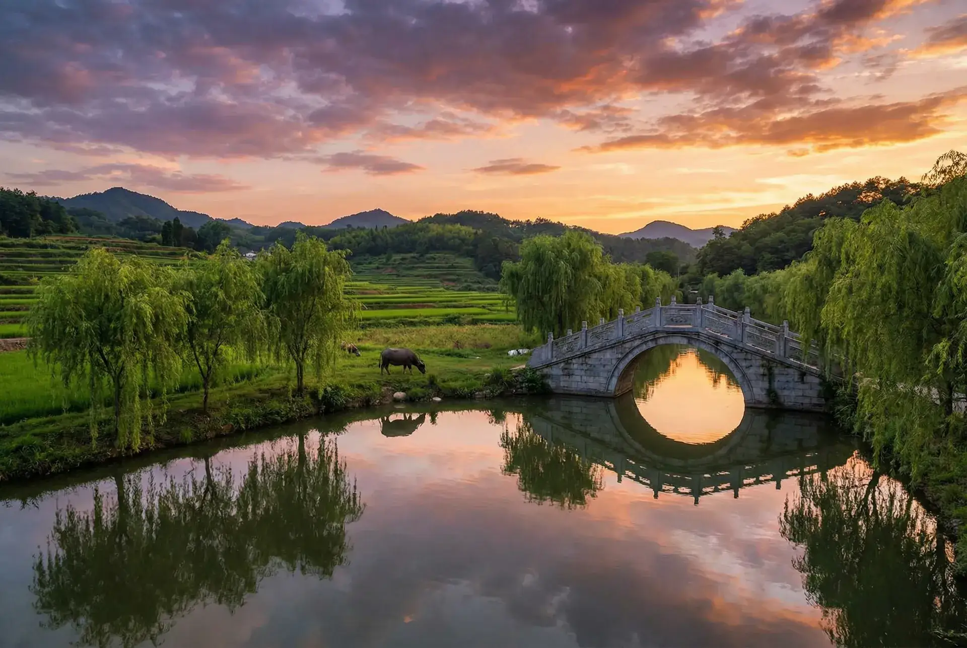 夕阳下的石拱桥与垂柳，水牛在河边吃草 - 年轻的母亲在线播放高清视频下载 乡村美景