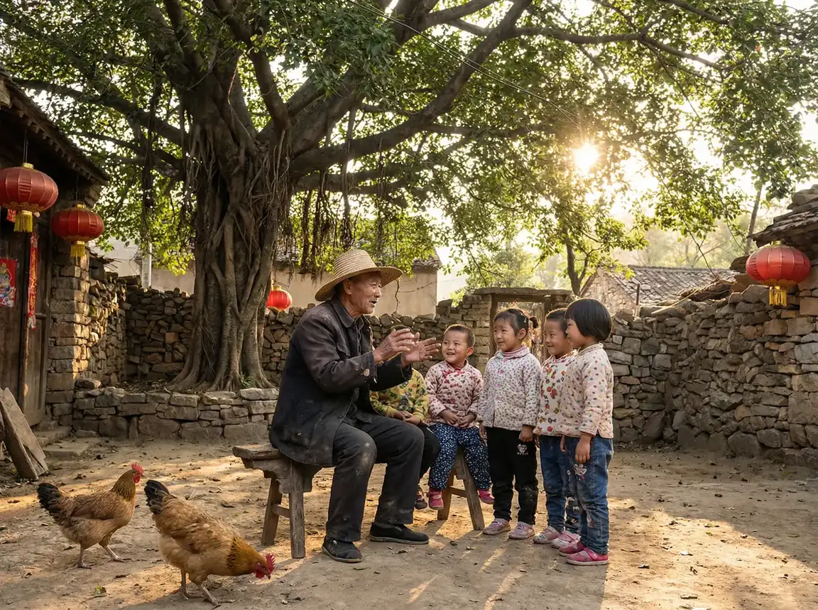 老人在大榕树下给孩子们讲故事 - 年轻的母亲在线播放高清视频下载 乡村记忆